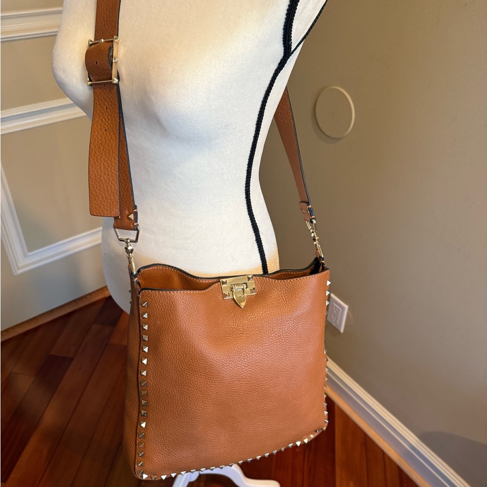 Valentino Stud-Trim Tan Leather Crossbody Bag